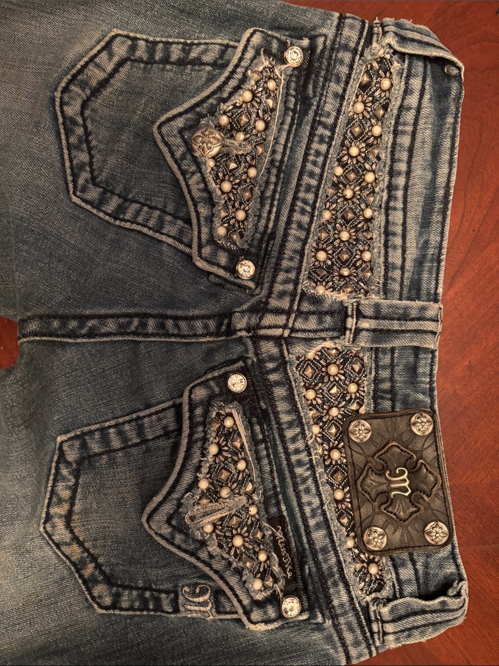 Miss Me Embellished Blue Bootcut Jeans with Decorative Pockets